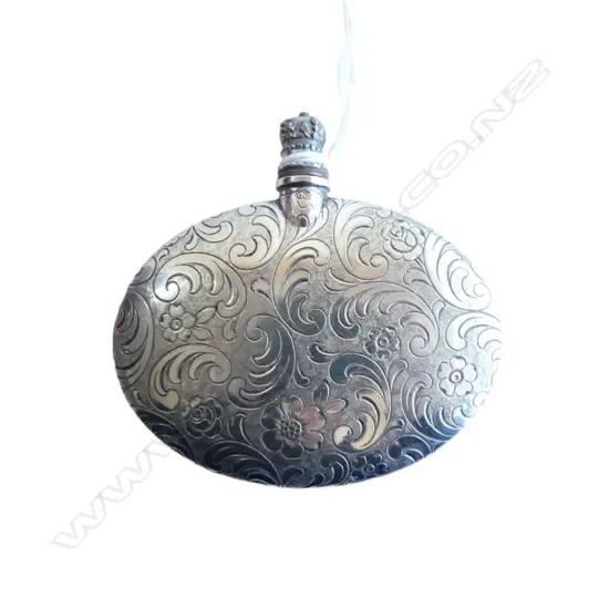 SILVER SCENT PHIAL / BOTTLE flattened flask form leaf scroll engraved 73 x 70mm silver plate crown screw lid