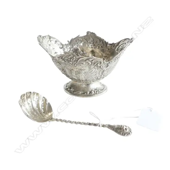 EUROPEAN SILVER BOWL w. ENGLISH HALLMARKS W.130mm + SIFTER SPOON, 162gms
