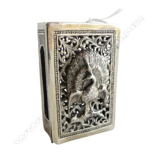 INDIAN SILVER MATCHBOX COVER with peacock to the front 30gms