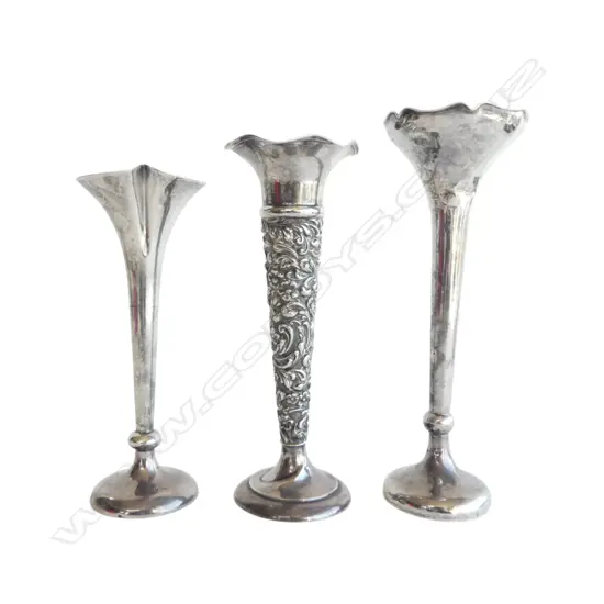 3 STG SILVER SPILL VASES H.195mm weighted & repairs