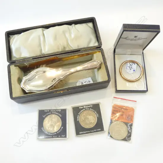 9ct SILVER LINED BABIES BANGLE, CASED 2 PCE STG SILVER VANITY SET + 3 COM. COINS