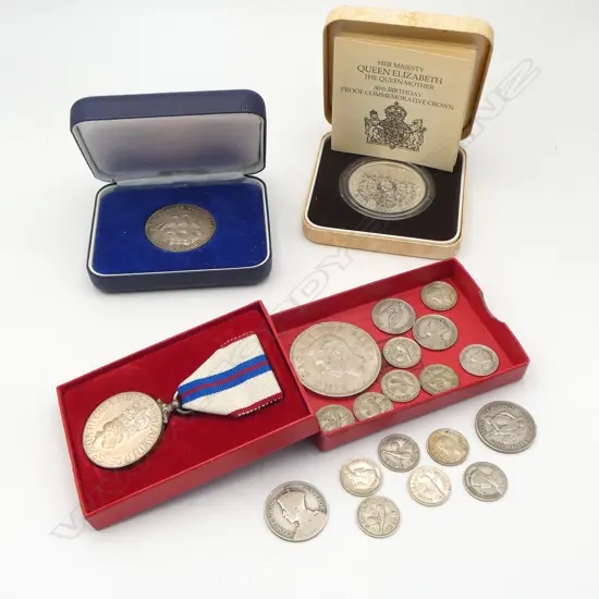 1969 JAMES COOK proof coin + UK proof CROWN + 25TH ANNIV QEII MEDAL + OLD NZ COINS