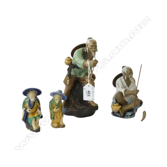 FOUR ORIENTAL FISHERMAN FIGURINES, 2 SML/2 LRG. H.200mm tallest (sml hat faulted)