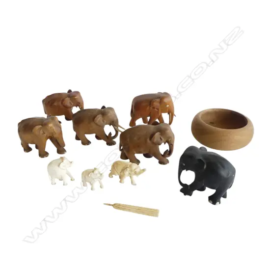 CARVED WOOD & IVORY ELEPHANTS