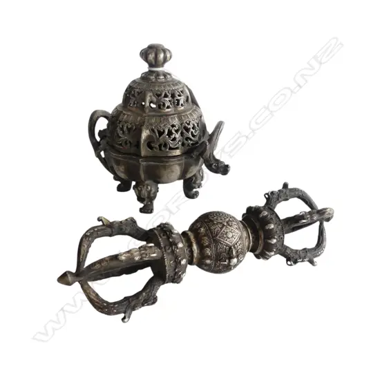 2 ORIENTAL SILVER METAL PCES; CENSOR H.180mm & VAJRA L.275mm