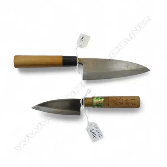 2 OLD JAPANESE CARBON STEEL CHEFS KNIVES L.285, 215mm