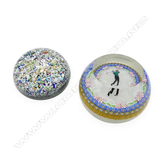 2 ART GLASS PAPER WEIGHTS; ONE DEPICTING GOLFER H.50mm