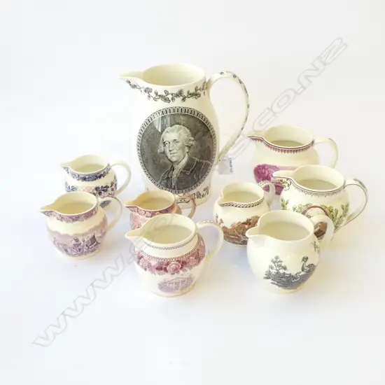9 ASST. PAT WEDGWOOD JUGS H.220mm some faults