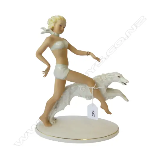 SCHAUBACH-KUNST ART DECO STYLE FIGURINE, WOMAN w. DOG H.250mm