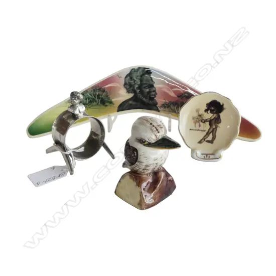 4 VINTAGE AUSTRALIAN PCS; GRACE SECCOMBE HAND PAINTED KOOKABURRA, ABORIGINAL BUST TOPPED NAPKIN RING & 2 OTHERS