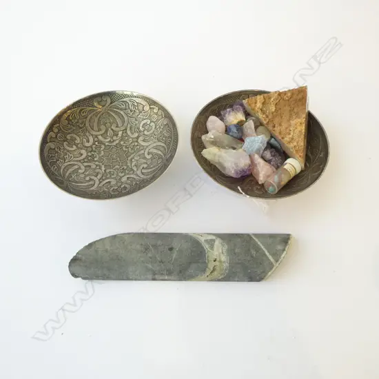 2 SILVER METAL BOWLS 190mm dia + ASST. CRYSTALS & WAIHI GOLDMINE CORE SAMPLE L.265mm