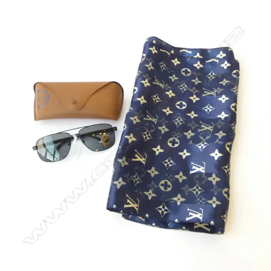 PR RAY-BAN SUNGLASSES USA MADE, CASED + FAUX 'LOUIS VUITTON' PRINT SCARF
