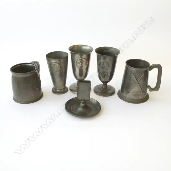 SIX VINTAGE PEWTER GOLFING TANKARDS, BEAKERS & MATCHOLDER, H.100-150MM