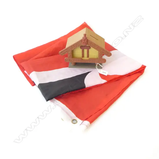 1960s  PATAKA MARAE MONEYBOX; TRUSTBANK OR HAWKES BAY & GISBOURNE TRUSTEE BANK H.150mm + TINO RANGATIRATANGA MAORI FLAG