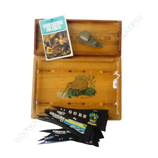 2 'SOVEREIGN' N.Z. TIMBER TRAYS W.360mm, MAORI CUSTOMS AND CRAFTS BOOKLET, ASST. NZ PENNANTS & E/P KIWI NAPKIN STAND