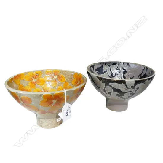 TWO DECORATED BOWLS on PEDESTAL FOOT by KEUM SUN LEE, H.110mm