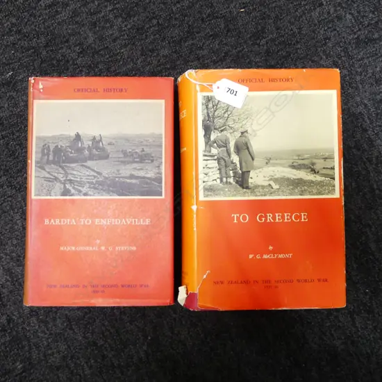 TWO VOLUMES OF 'OFFICIAL HISTORY OF N.Z. IN WWII' - 'BARDIA TO ENFIDAVILLE' & 'TO GREECE'
