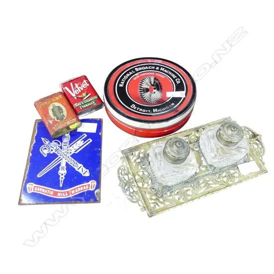 ANTIQUE BRASS DESK SET W.350mm, 3 TINS 230mm dia, ENAMEL SIGN