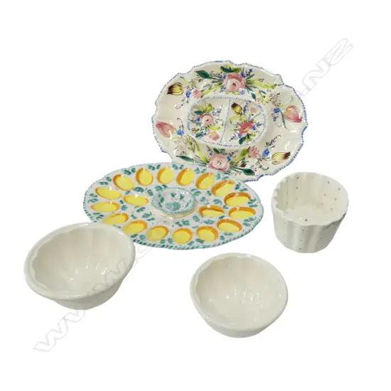 2 ITALIAN PAINTED DISHES & 3 CERAMIC FOOD MOULDS