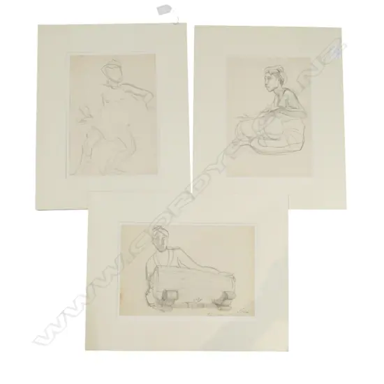 3 x Theo Schoon pencil drawings untitled Thai Drummers 285 x 200mm. 1 entitled 'Solo' Ex John Perry estate
