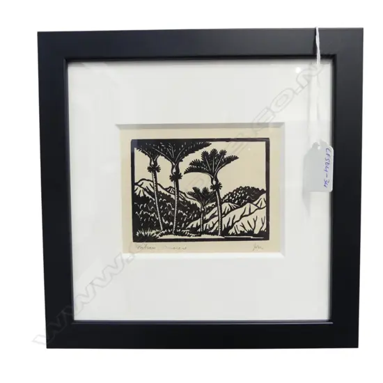 JOHN L MOORE 'Nikau' woodcut signed and titled 75 x 100mm (housed in contemporary black frame).From the album 'Woodcuts'