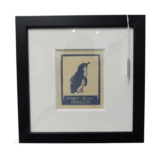 JOHN L MOORE 'Baby Blue Penguin' coloured woodcut signed 95 x 72mm (housed in contemporary black frame). From the album 