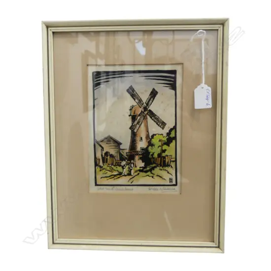 HILDA WISEMAN 'Old Mill, Auckland' Hand coloured linocut. Signed & entitled.195 x 140mm