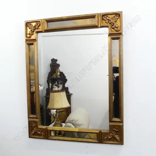 VINTAGE GOLD WALL MIRROR WITH ANTIQUED MIRROR BORDER PANELS, L.820MM W.650MM