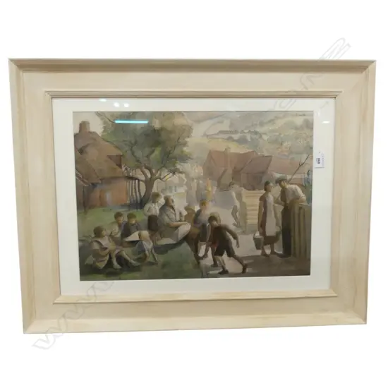 ARTIST UNKNOWN, EARLY 20thC ENGLISH VILLAGE SCENE, MIXED MEDIA 355x500mm