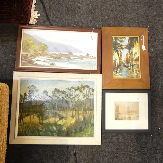 4 PAINTINGS incls 3 oils: TREES WAIKUMETE. Geo. Searle coastal scene. H. Gilpin of Venice + lake scene W/C