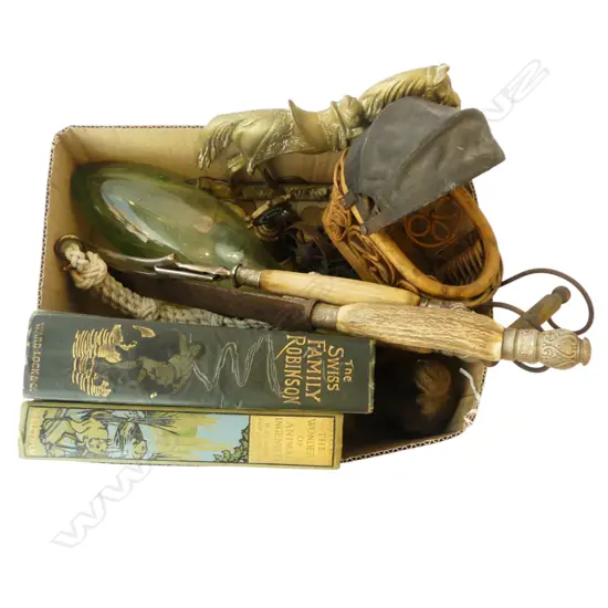 SMALL BOX OF COLLECTABLES CARVING SET BOTTLE BRASS ETC