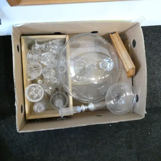 BOX OF ASST. CRYSTAL GLASSES + CAKE DOME etc