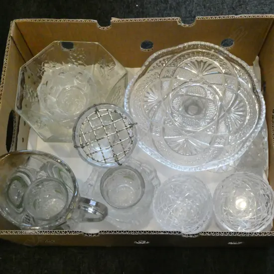 BOX OF ASST. PRESSED GLASS etc