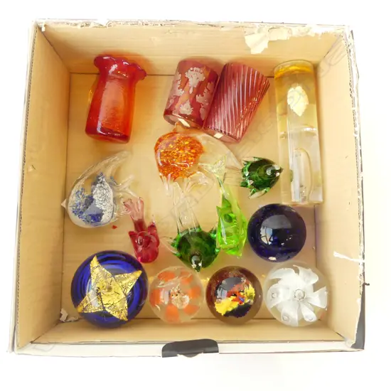 COLLECTION OF GLASS PAPERWEIGHTS  BIRDS FISH GLASSES ETC