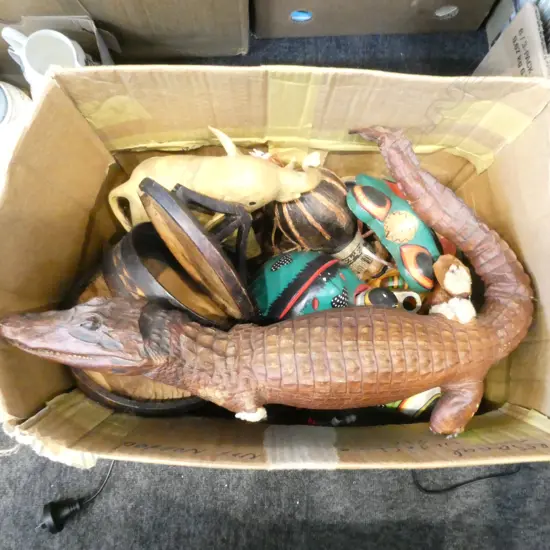 ASST. WOODEN MASKS etc INCLUDING A TAXIDERMY CROCODILE (AF)
