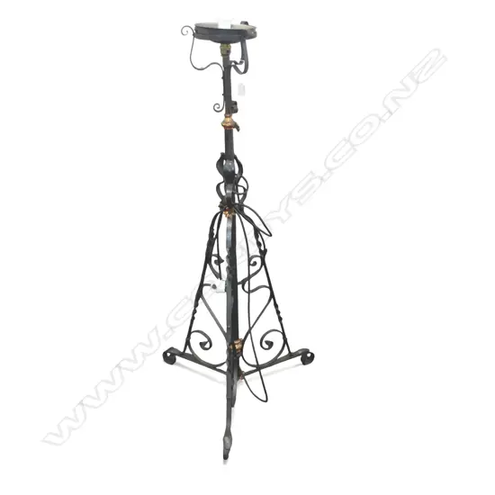 c.1900 Art Nouveau scrolling iron & copper fitted standing lamp. Electrified.