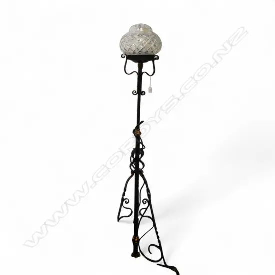 c.1900 Art Nouveau scrolling iron & copper fitted standing lamp. Electrified & w cut crystal later shade H.1630mm