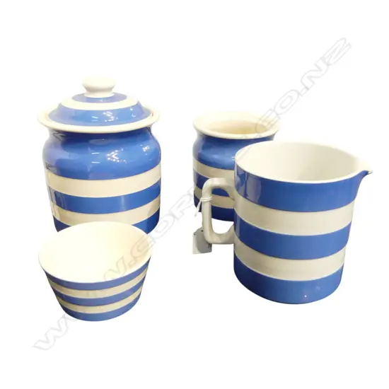 4 PCES CORNISH WAR; 2 STORAGE JARS (ONE LID MISSING), BOWL & JUG WITH EARLY STAMP (CHIP TO RIM) H.140mm