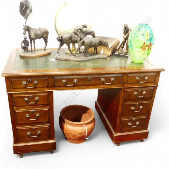 MAHOGANY DOUBLE PEDESTAL DESK w. GREEN LEATHER INSET 1200x620mm