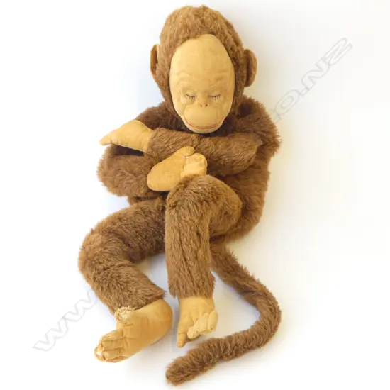 1950’S MERRYTHOUGHT ENGLAND MOHAIR MONKEY PJS CASE W. LABEL, L.700MM arm needs repair