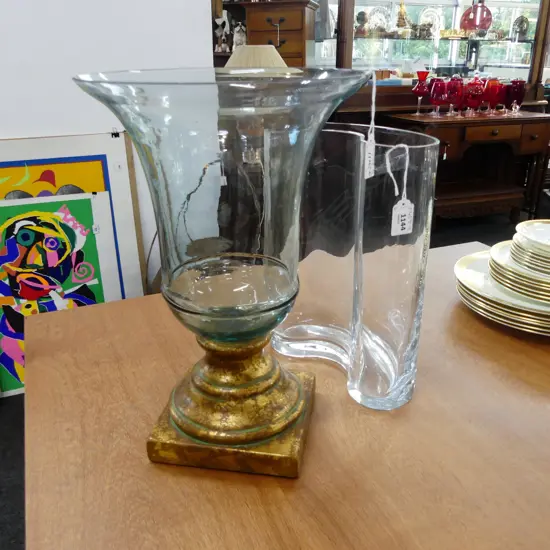 GLASS VASE ON GILDED BASE H.360mm + OTHER GLASS VASE