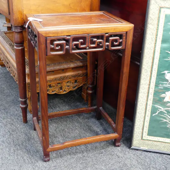 QUALITY CHINESE HARDWOOD SIDETABLE with HUANGHUALI burr wood top panel. Carved frieze.340 x 250 x 530mm