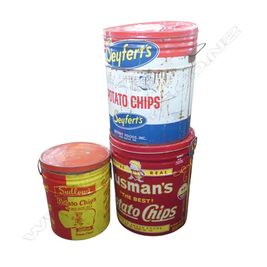3 LG VINTAGE POTATO CHIP TINS; SEYFERTS & HUSMANS H.360mm