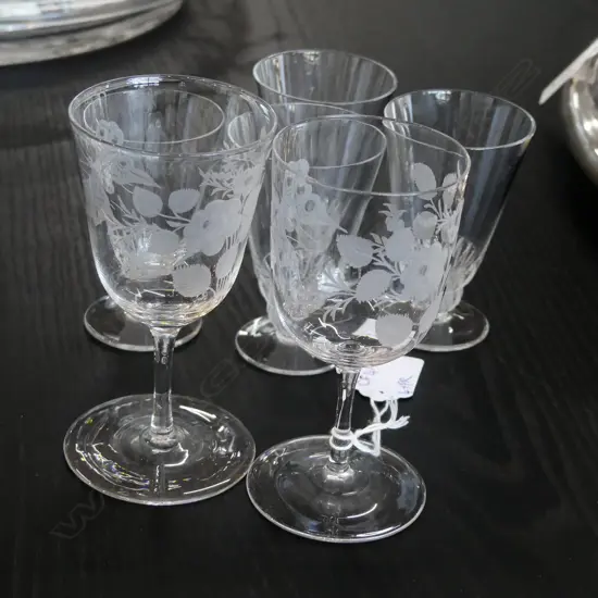 4 LALIQUE GLASSES H.90mm + PR ETCHED SHERRY GLASSES H.125mm