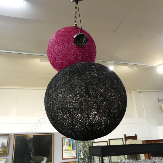 TWO GRADUATED WOVEN STRING PENDANT LIGHTS/SHADES