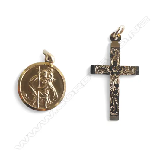 2 9ct RELIGIOUS PENDANTS; CROSS & ST. CHRISTOPHER, 2.7gms 