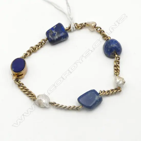9ct GOLD, LAPIS & PEARL BRACELET, 12.65gms