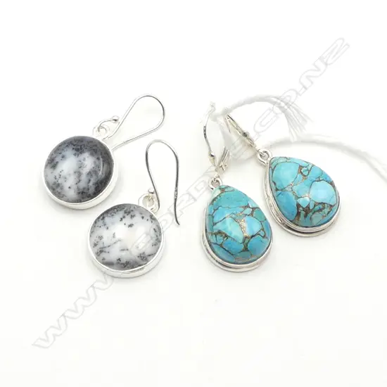 2 PRS SILVER DROP EARRINGS; TURQUOISE STYLE & MOSS AGATE