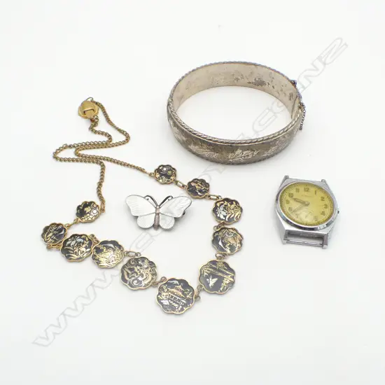 SILVER ENGRAVED HINGED BANGLE + NORWAY STERLING & white enamel moth BROOCH + damascene necklace etc