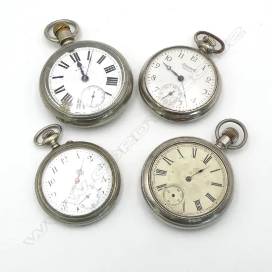 4 SILVER COLOURED METAL POCKET WATCHES (WALTHAM. INGERSOLL) 2x No NAMES (faults)